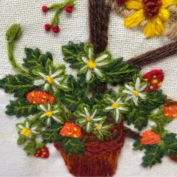 Vintage Crewel Floral Embroidered Art with Wooden Frame - Picture 2 of 7